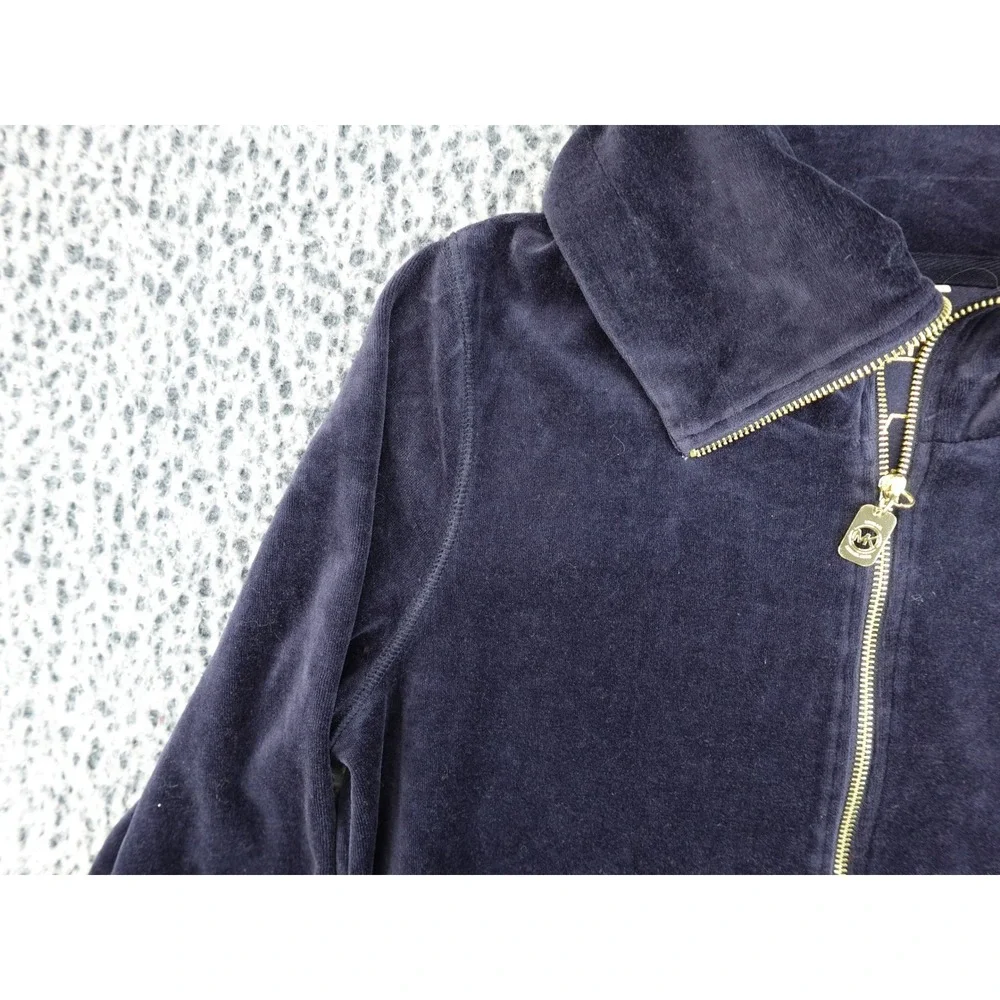 Michael Kors Velour Zip Up Jacket Womens Large Navy Blue‎ Gold Hardware MK